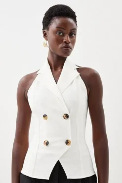 Karen Millen Halter Neck Button Front Bandage Knit Top cream Fashion