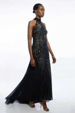 Karen Millen Halter Neck Feather Sequin Detail Woven Maxi Dress navy Hot