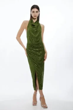 Karen Millen Halterneck Sequin Jersey Side Split Maxi Dress khaki Fashion