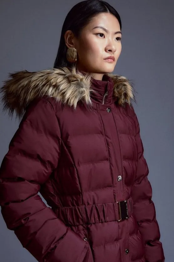 Karen Millen Heat Seal Puffer Belted Faux Fur Hood Longline Jacket berry Discount