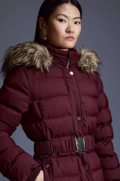 Karen Millen Heat Seal Puffer Belted Faux Fur Hood Jacket berry Hot