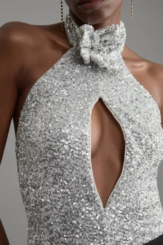 Karen Millen Highneck Backless Rosette Sequin Bodysuit silver Clearance