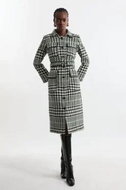 Karen Millen Houndstooth Check Pocket Detail Belted Pu Tipped Tailored Midaxi Coat mono New