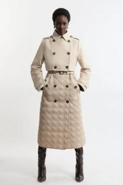 Karen Millen Hybrid Quilted Belted Trench Coat camel Clearance