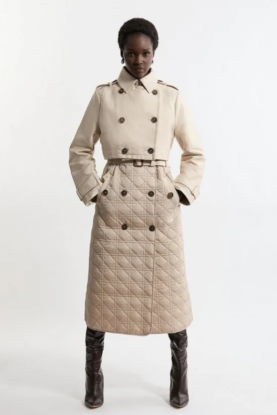 Karen Millen Hybrid Quilted Belted Trench Coat camel Clearance