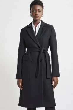 Karen Millen Italian Manteco Wool Blend Tailored Belted Midi Coat black Clearance