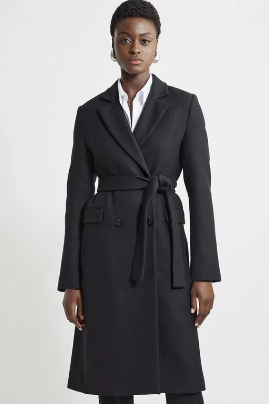 Karen Millen Italian Manteco Wool Blend Tailored Belted Midi Coat black Clearance