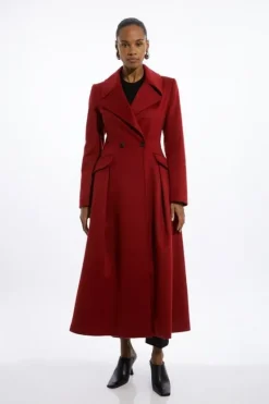 Karen Millen Italian Manteco Wool Blend Tailored Flared Skirt Midaxi Coat darkred Fashion