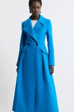 Karen Millen Italian Manteco Wool Blend Tailored Flared Skirt Midaxi Coat cobalt Hot