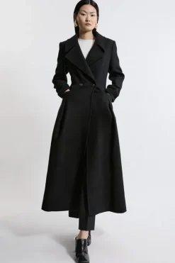 Karen Millen Italian Manteco Wool Blend Tailored Flared Skirt Midaxi Coat black Best