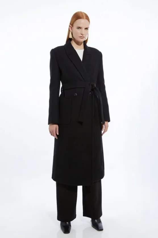 Karen Millen Italian Manteco Wool Blend Wrap Belted Tailored Midi Coat black Hot