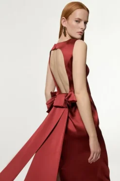 Karen Millen Italian Satin Tailored Bow Detail Maxi Dress rust Outlet