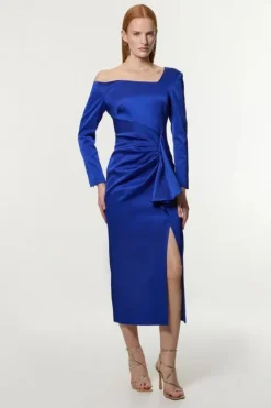 Karen Millen Italian Structured Rib Asymmetric Neckline Draped Tailored Maxi Dress blue Outlet
