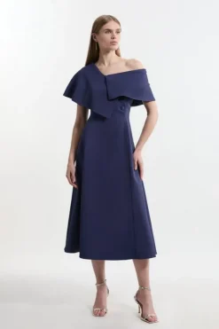 Karen Millen Italian Structured Rib Asymmetric Collar Tailored Full Skirt Maxi Dress navy Clearance