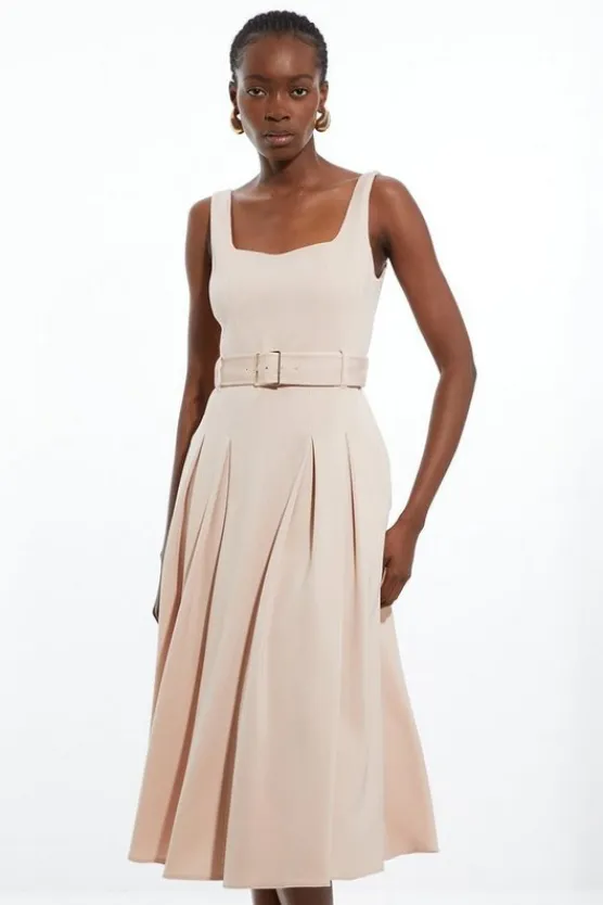 Karen Millen Italian Structured Rib Tailored Square Neck Belted Midi Dress rose Online