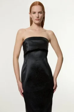 Karen Millen Italian Structured Textured Satin Bandeau Tailored Midi Dress black Hot