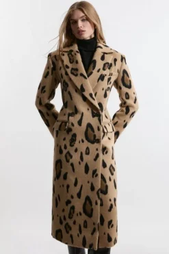 Karen Millen Italian Wool Blend Strong Shoulder Anti Fit Midi Coat leopard Hot