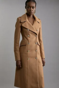 Karen Millen Italian Wool Double Breasted Military Midi Coat camel Best