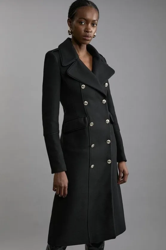 Karen Millen Italian Wool Double Breasted Military Midi Coat black Fashion