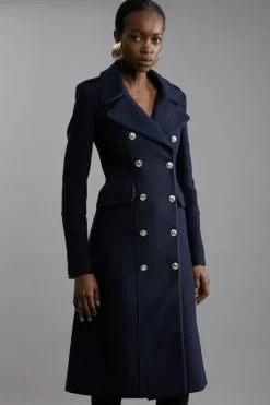 Karen Millen Italian Wool Double Breasted Military Midi Coat navy Fashion