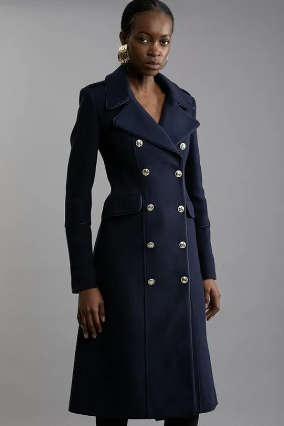 Karen Millen Italian Wool Double Breasted Military Midi Coat navy Fashion