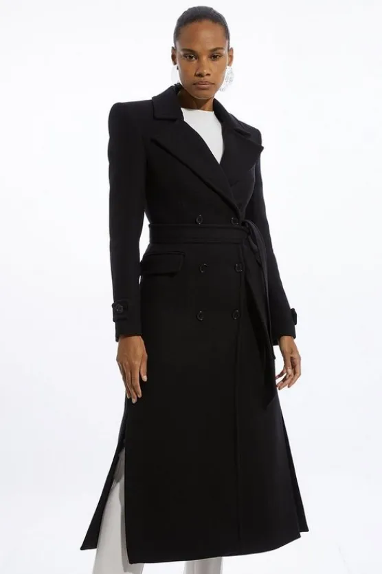 Karen Millen Italian Wool Double Breasted Longline Tailored Maxi Coat black Fashion