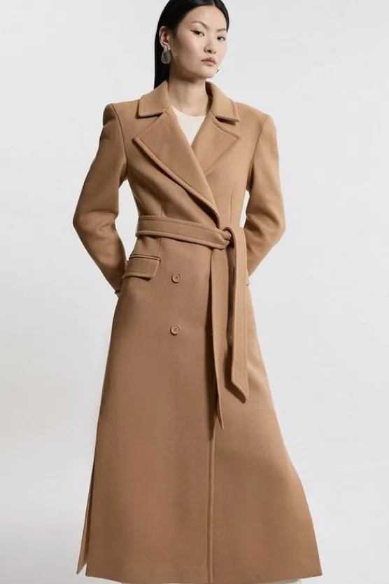 Karen Millen Italian Wool Double Breasted Longline Tailored Midi Coat camel Discount