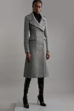 Karen Millen Italian Wool Mix Double Breasted Military Midi Coat grey Discount