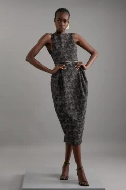 Karen Millen Jacquard Belted Pencil Tailored Maxi Dress black Hot