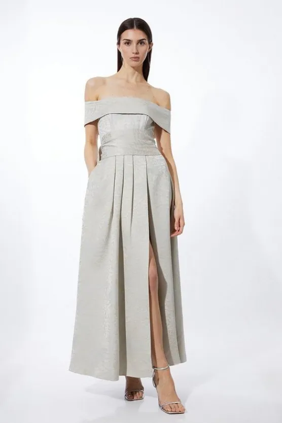 Karen Millen Jacquard Woven Bardot Maxi Dress ivory Discount