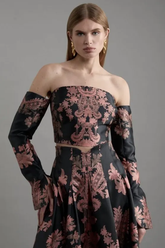 Karen Millen Jacquard Woven Floral Off The Shoulder Top black Sale