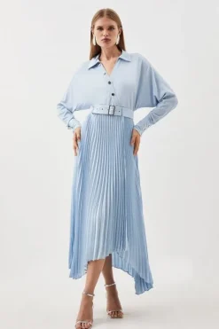 Karen Millen Jersey And Georgette Mix Belted Pleat Midi Dress blue Sale