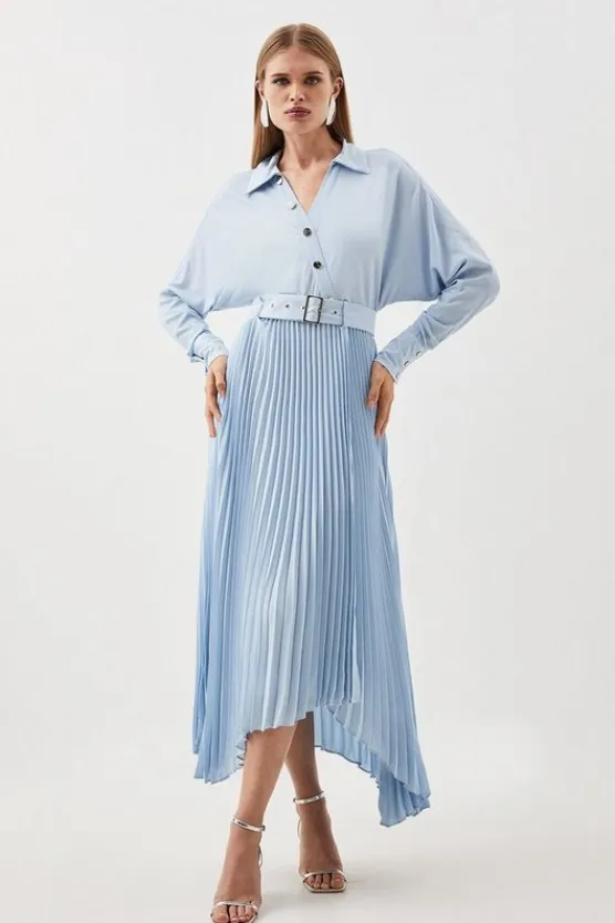 Karen Millen Jersey And Georgette Mix Belted Pleat Midi Dress blue Sale