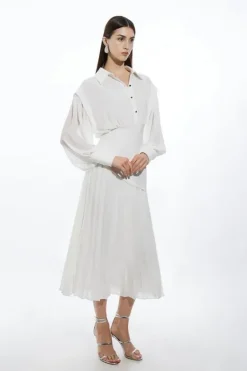 Karen Millen Jersey And Georgette Mix Pleated Maxi Shirt Dress ivory Best