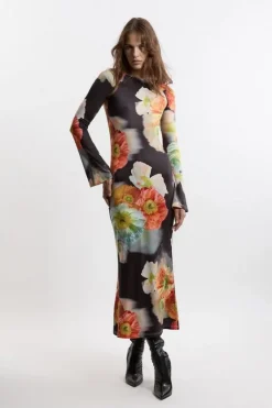 Karen Millen Jersey Border Print Keyhole Long Sleeve Maxi Dress black Hot