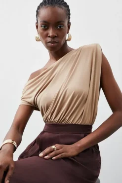 Karen Millen Jersey Crepe Asymmetric Bodysuit sand Discount