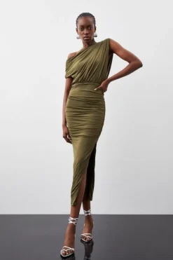 Karen Millen Jersey Crepe Asymmetric Neckline Maxi Dress khaki Online