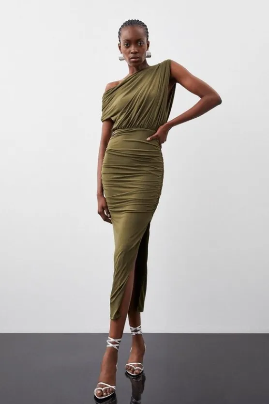 Karen Millen Jersey Crepe Asymmetric Neckline Maxi Dress khaki Online