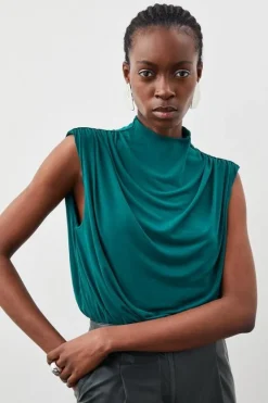 Karen Millen Jersey Crepe High Neck Ruched Bodysuit green Hot