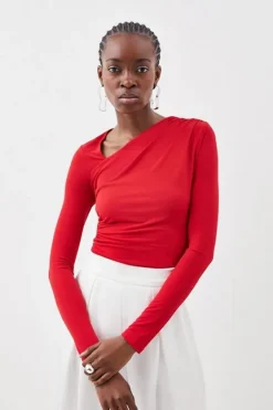 Karen Millen Jersey Crepe Long Sleeve Ruched Bodysuit red Best