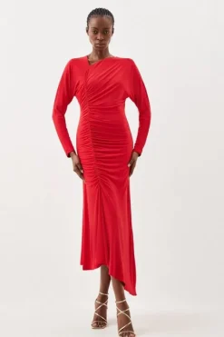 Karen Millen Jersey Crepe Ruched Long Sleeve Midi Dress red Sale