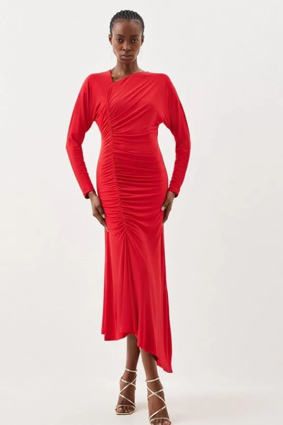 Karen Millen Jersey Crepe Ruched Long Sleeve Midi Dress red Sale