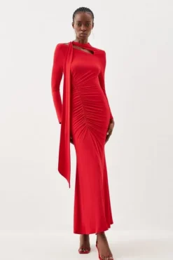 Karen Millen Jersey Crepe Ruched Tie Long Sleeve Maxi Dress red Fashion
