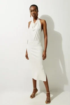 Karen Millen Jersey Knit Mix Halter Neck Midi Dress cream Best