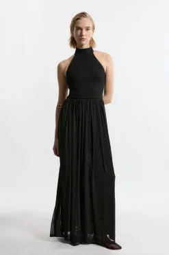 Karen Millen Jersey Mesh Halterneck Maxi Dress black Clearance