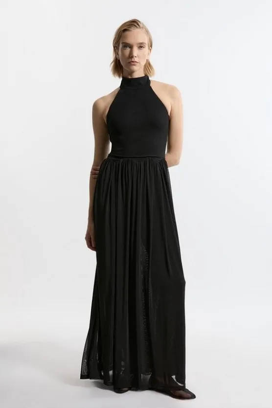 Karen Millen Jersey Mesh Halterneck Maxi Dress black Clearance