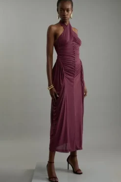 Karen Millen Jersey Mesh Halterneck Midi Dress burgundy Fashion
