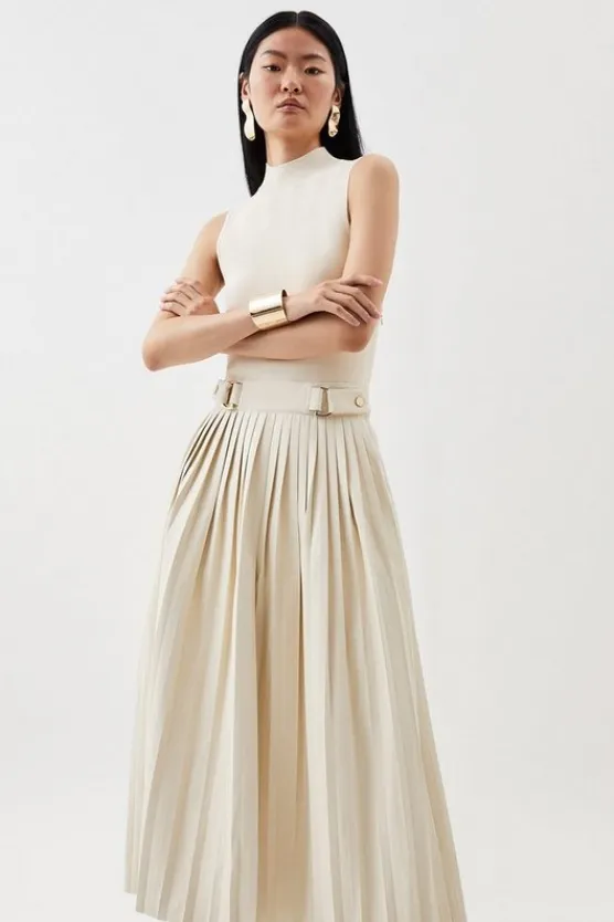 Karen Millen Knitted Midi Dress With Pu Detailing cream Clearance