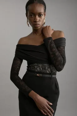 Karen Millen Lace And Jersey Crepe Off The Shoulder Bodysuit black Fashion