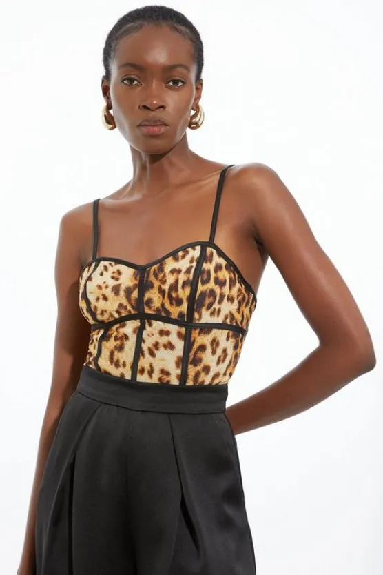 Karen Millen Lace Detail Power Mesh Jersey Strappy Bodysuit leopard Outlet